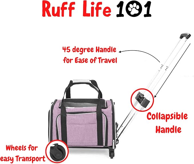 RUFF LIFE 101 Airline Approved Expandable Premium Pet Carrier on Wheels- Two Sided Rolling Carrier- Designed for Dogs & Cats- Extra Spacious Soft Lined Carrier! - Pink (RL-PET-CARRIER-WHEELS)