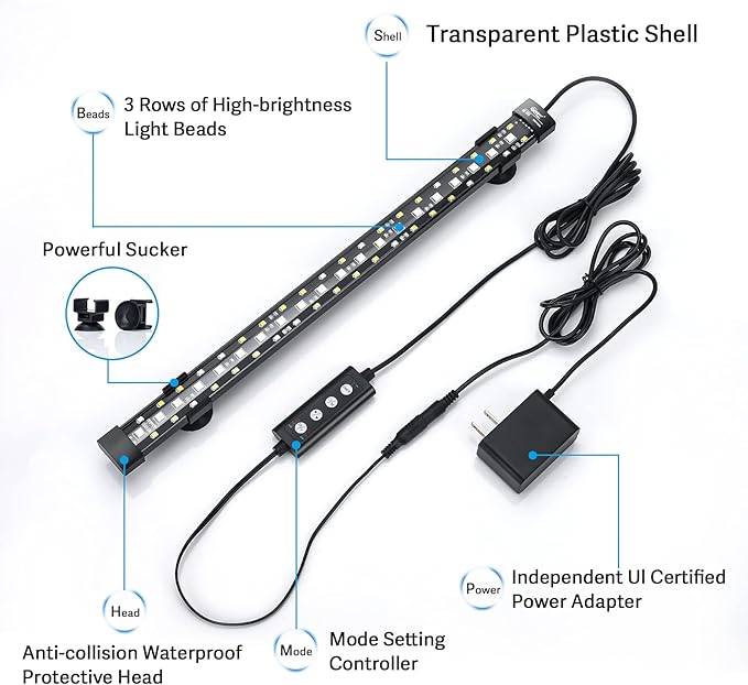 hygger 24/7 Mode Submersible Aquarium LED Light, Full Spectrum Hidden Fish Tank Light with 3 Rows Beads 7 Colors Auto On Off Sunrise-Daylight-Moonlight, Adjustable Timer Brightness