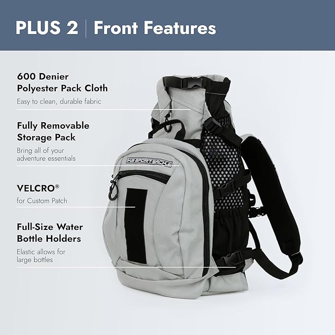 K9 Sport Sack Plus 2 - Large, Light Grey - Ideal for Dogs 20-22” Long - Adjustable, Backpack-Style Carrier with Multi-Functional Storage Pack, Thick Shoulder Straps & Padded Back Panel