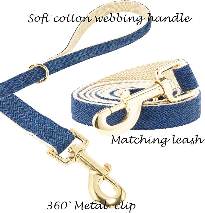 Luxury Soft Cotton Tweed Fabric Dog Collar & Leash Set with Gold Buckle – Durable Fabric, Stylish Design for Everyday Walks(Small Navy)