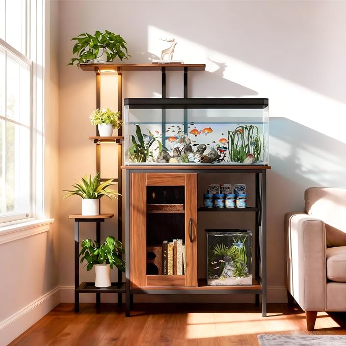 20-29 Gallon Fish Tank Stand with Plant Shelf, 2-in-1 Walnut Aquarium Stand | Built-in Power Outlet, Full Spectrum LED Grow Light, Adjustable Storage Shelves, Stable Metal Frame for Home Use