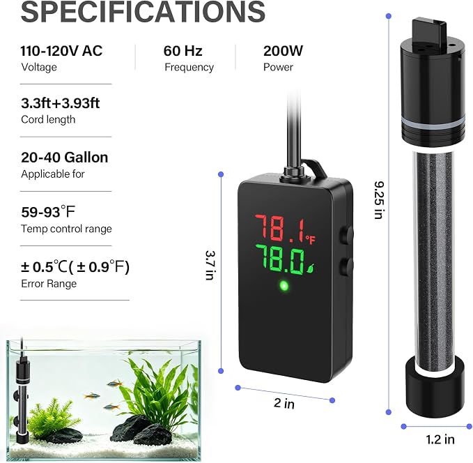 hygger 200W Aquarium Heater for 20–40 Gallon Tanks, ±0.5°C Precise Temperature Control, Dual Probe, External Controller, Overheat & Dry-Run Protection, for Freshwater & Saltwater
