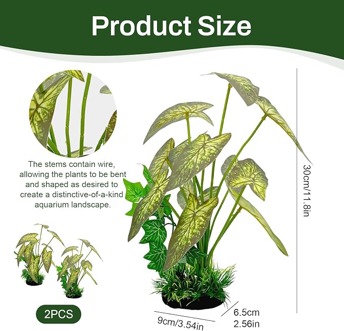 Silk Aquarium Plants 2-Pack 11.8" Tall | Soft Silk Plants for Fish Tank, Artificial Decoration for Fish Habitats, Safe for All Fish (Green)