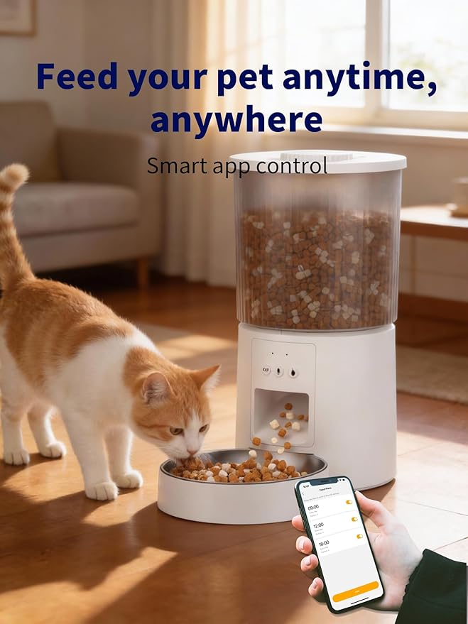 Automatic Cat Feeder, 2.4GHz WiFi Automatic Dog Food Dispenser, Fresh Protection, 4.5L Timer Feeder, Personalized Recording 10 Seconds, Easy to Clean, Stainless Steel Bowl (Single/White)