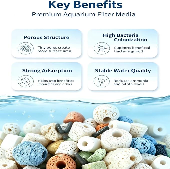 Aquarium Filter Media Set 12-in-1 Mix with Ceramic Rings | Bio Balls & Porous Media | 5.5 lbs (2500g) with Mesh Bag for Freshwater/Saltwater Fish Tanks, Ponds & Canister Filters