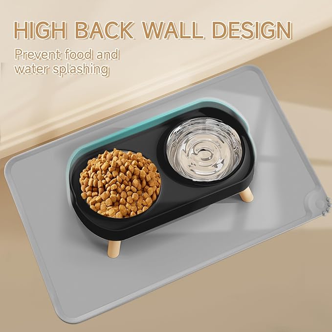 Elevated Cat Bowl with Food Mat, Raised Cat Food and Water Bowl Set for Indoor Cats, Splash Proof with 2 Stainless Steel Pet Food Bowls for Cats and Puppies,Whisker Fatigue and Dishwasher Safe (Black)