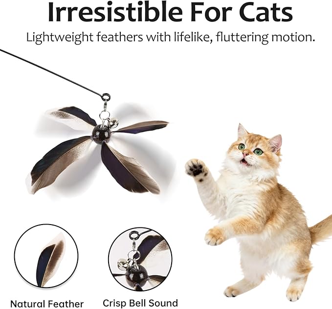 Cat Wand Toys Interactive for Indoor Cats, 4PC 4-Blade Feather Propeller Refills, 1PC Cat Wand (Classic Mocha Brown)