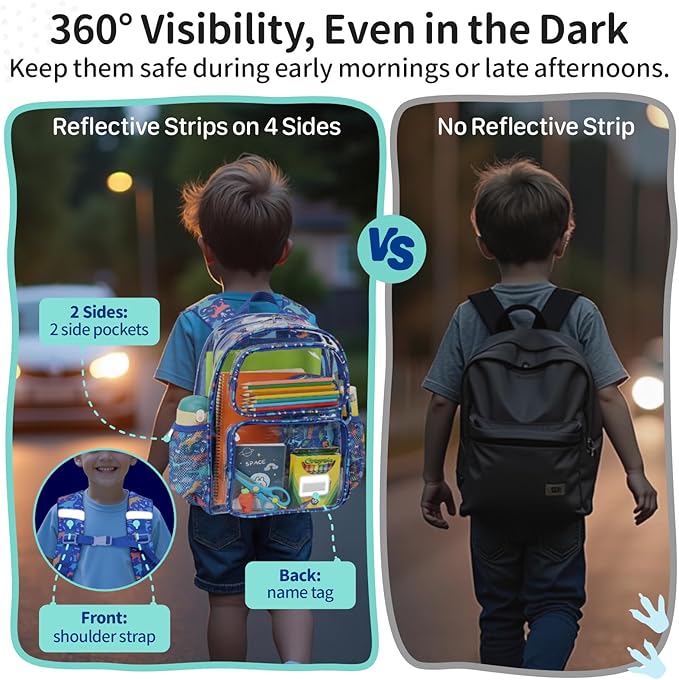 Clear Backpack for Boys, 15 Inch Heavy Duty Transparent Bookbag for Kindergarten to 2nd Grade, PVC See Through Daypack with Reflective Straps, Fits Standard Folders, Blue Dinosaur
