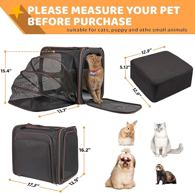 Large Cat Travel Carrier with Litter Box, 17.3"×13"×16" Expandable Cat Carrier for Car Travel, Soft Sided Pet Carrier for Cats/Puppies up to 25lbs, Black