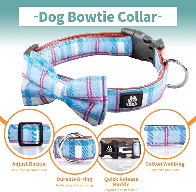 IVY&LANE Dog Collar with Bowtie and Leash Set | Plaid Adjustable Dog Collar | Detachable Bow Tie |5 FT Dog Leash | for Small Medium Large Dogs | Checkered Blue | Medium
