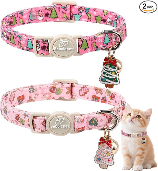 2 Pack Christmas Cat Collars - Breakaway Cat Collar with Bell, Pink and Green Christmas Tree Pendant, Winter Adjustable Kitten Collars for Girl Boy Cats, Cozy Christmas