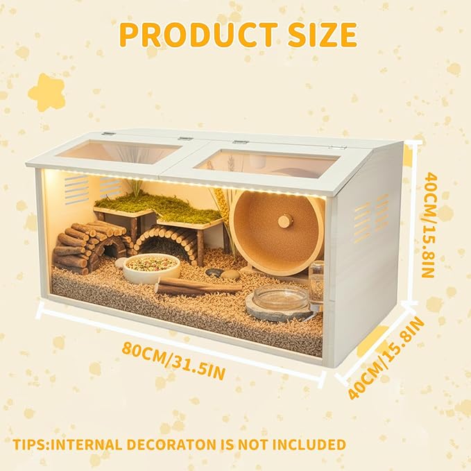 Wooden Hamster Cage Chewproof, Large Hamster Cages and Habitats, Small Animal Habitat with with Double Openable Acrylic Sheet Doors for Gerbil, Degus Mice, Guinea Pig, Rat& Other Small Pets（31.5in）
