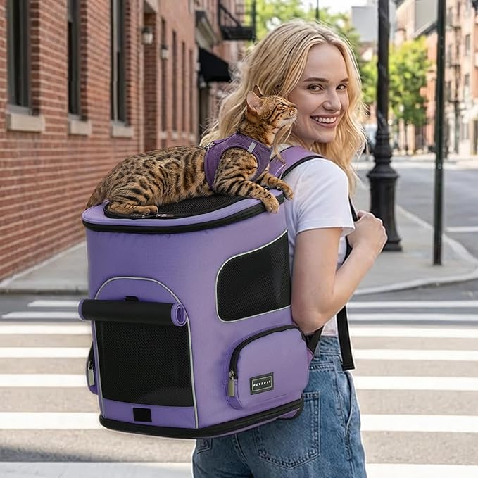 PETSFIT Dog Backpack Carrier with Upgraded Waist Protection, Pet Carrier Backpack Designed for Small Dogs/Cats, Fully Ventilated Collapsible Cat Backpack for Outdoor Traveling Hiking Camping Purple