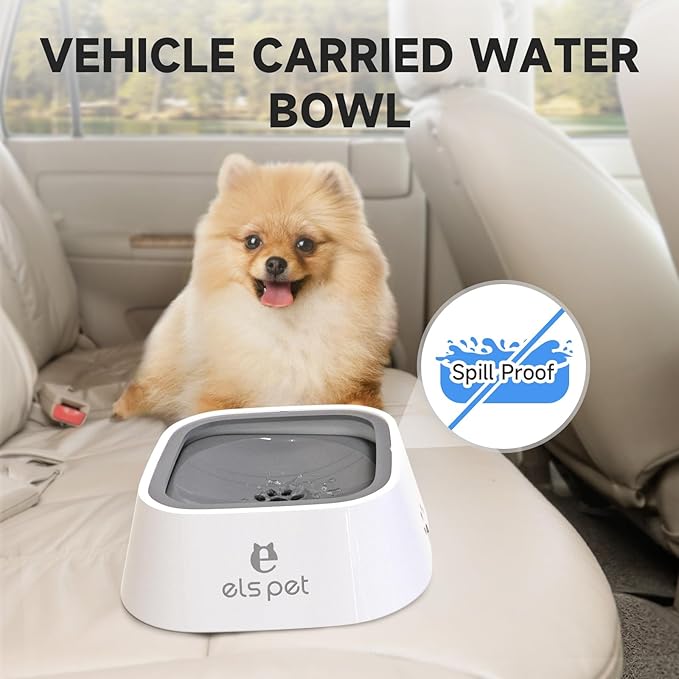 ELS PET Travel Bowl, No Spill, No Drip Slow Water Feeder/Dispenser for Dogs, Cats, 35oz/1L, Splash Proof Travel Bowl for Crate and Car, Keeps Floor & Beard Dry, Dishwasher Safe (Grey)