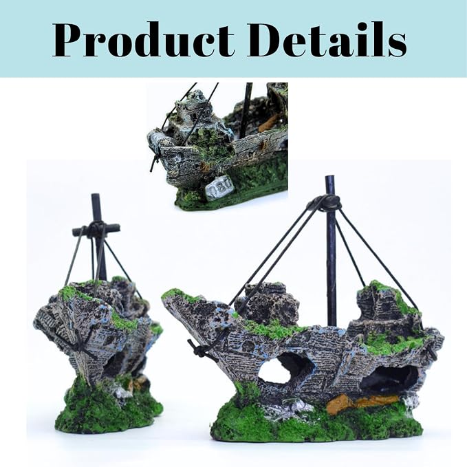 Fish Tank Decorations, Resin Shipwreck Aquarium Decor for Tank, Sunken Ship Aquarium Decorations Large, Betta Fish Tank Accessories, Wrecked Ship Fish Hideout Freshwater Saltwater Tanks