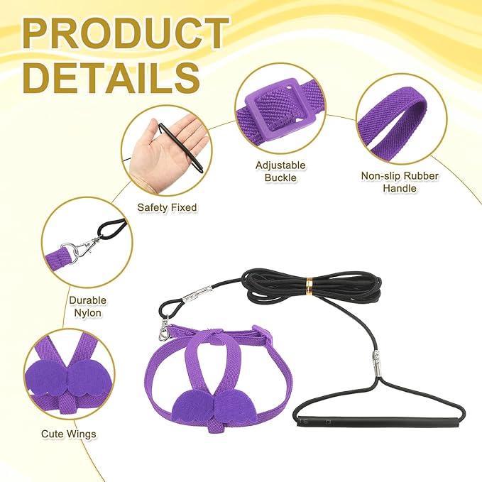 Bird Harness Leash, Adjustable Pet Parrot Bird Harness and Leash Lightweight Anti-Bite Flight Training Rope with Cute Wing, (Purple, M), Intended for Parrots/Pigeons/Budgies