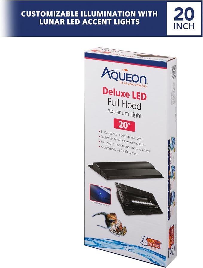 Aqueon LED Deluxe Fish Tank Aquarium Full Hood with LED Light, Black, 20 Inch | Aquarium light with full-length feeding door, custom-fit aquarium lid with rear breakouts for filters and heaters