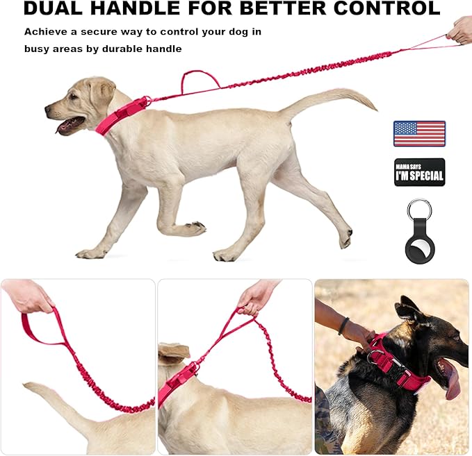 Tactical Dog Collar and Bungee Leash Set, Adjustable Military Training Nylon Dog Collar with Controll Handle and Heavy Metal Buckle，with USA American Flag, Patches and Airtags Case(Pink, L)