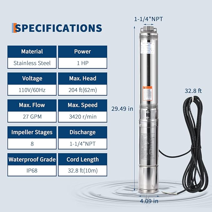 Deep Well Submersible Pump, 1HP 110V/60Hz, 27GPM Flow 204ft Head, with 33ft Electric Cord & Check Valve, 4" Stainless Steel Water Well Pump for Industrial,Irrigation,Home Use, IP68 Waterproof Grade