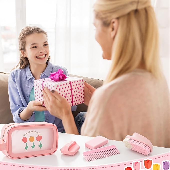 Stick Horse Grooming Kit - 7-in-1 Set with Storage Bag, Brushes, Combs & High-Density Sponge for Plush & Long Mane Care - Pink Nordic Style