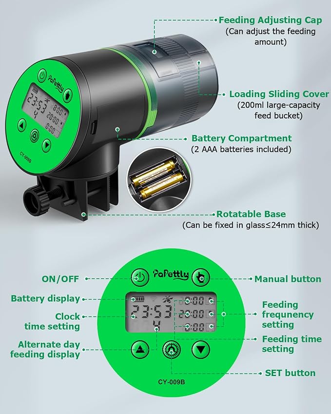 Automatic Fish Feeder for Aquarium, Auto Fish Food Dispenser with Timer and Feeding Ring, Moisture-Proof, Smart Fish Tank Vacation Feeder with 2 AAA Batteries