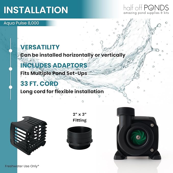 HALF OFF PONDS Submersible Water Pump, 8,000 GPH Pond Pump with 33FT Power Cord and 24FT Max Head, 540W Ultra Quiet Energy Efficient Pump for Koi Pond, Fountain, Waterfall, Water Garden, Skimmer