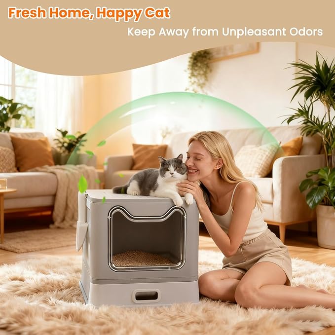 Stainless Steel Cat Litter Box with Lid and Drawer, Enclosed XXL Litter Box for Large Cats Includes Litter Mat & Scoop