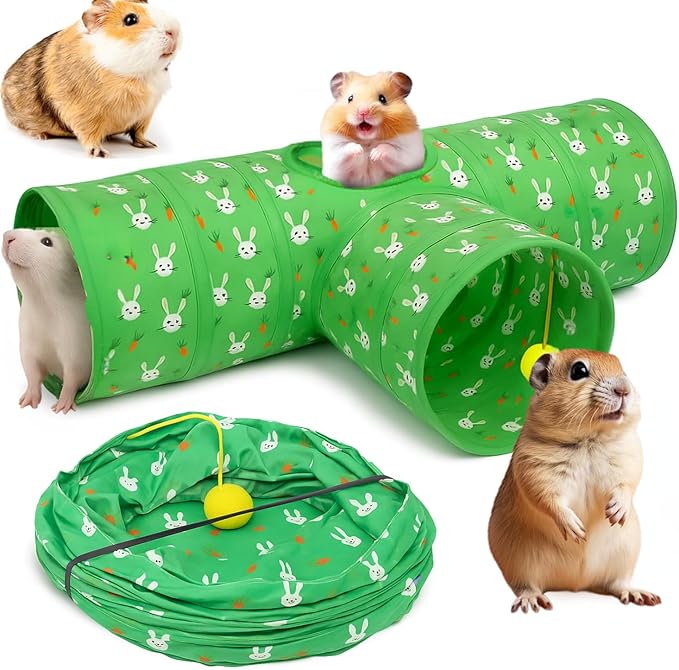 Tunnels with 3-Way Entrance - Cozy, Washable Guinea Pig Hideout - Interactive Cage Toys (Green)
