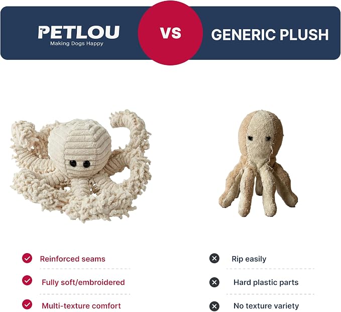 petlou Durable Natural Nubby Plush Dog Toys with Squeaker and Crinkle Paper in Multi-Size (Natural Octopus, 9 Inch)