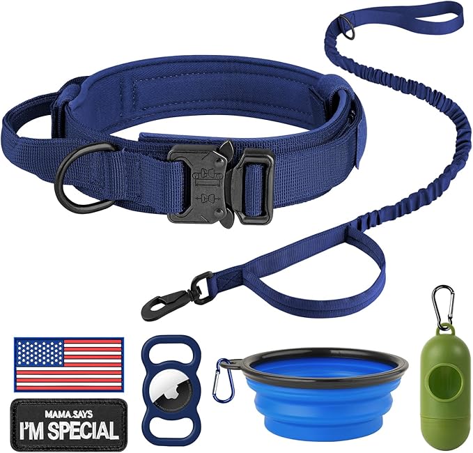 HYDEME Tactical Dog Collar Adjustable Nylon Collar with Control Handle and Heavy Metal Buckle for Medium and Large Dogs, with Patches&Airtags Case&Poop Bag Dispenser&Portable Bowl.(M, DarkBlue-Set)