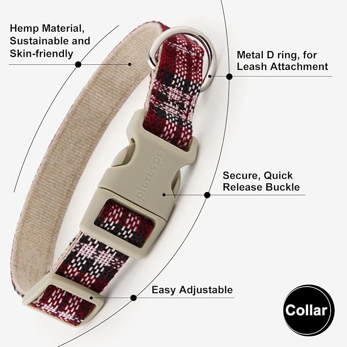 Plutus Pet Cotton Hemp Dog Collar and Leash Set, Adjustable Collar for Small, Medium, and Large Dogs, Heavy Duty and Soft on Skin, Red Plaid, S