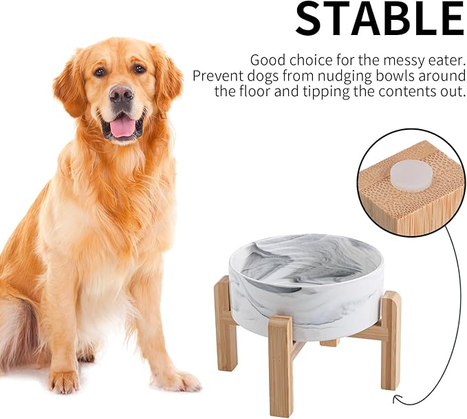 Elevated/Raised Dog Bowl Ceramic with Wood Stand for Medium Large Breed,Dog Food Water Dish Heavy Weighted, 8 in Non Slip Porcelain Pet Bowl Extra Big Marble Grey