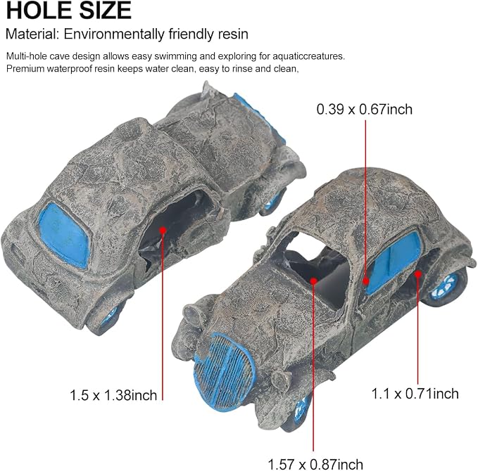 Virekm Resin Rock Cave Hideouts for Fish Tank Aquarium Decorations | Safe Natural Design Ornaments for Betta, Goldfish, Shrimp, Easy To Clean Aquarium Landscape Decor (car)