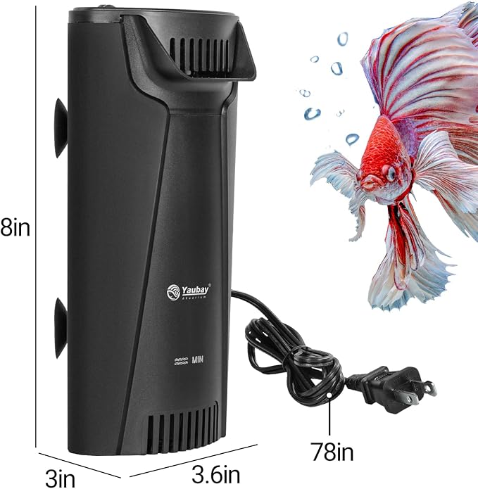 Yaubay Quiet Internal Aquarium Filter, 3-Stage Bio Filtration Low-Level Waterfall 5W Power Fish Tank Filter with Protective Grate for Up to 20 Gallon Betta Turtle Shrimp Tank, 90GPH (Filter)