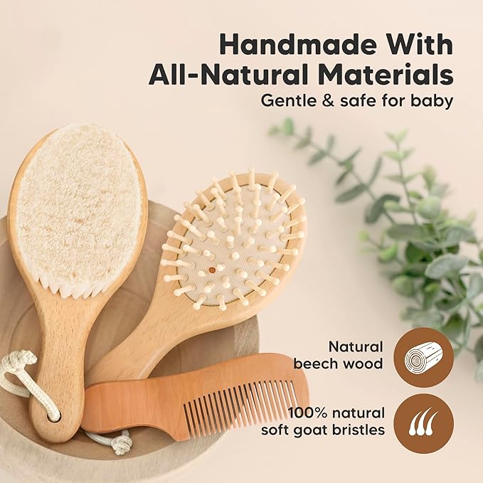 Baby Hair Brush Set for Newborns - Soft Goat Bristle Wooden Baby Brush and Comb Set Newborn Grooming Kit for Cradle Cap, Durable & Gentle, Boy, Girl Infant Essentials Care Kit (Petite, Walnut)