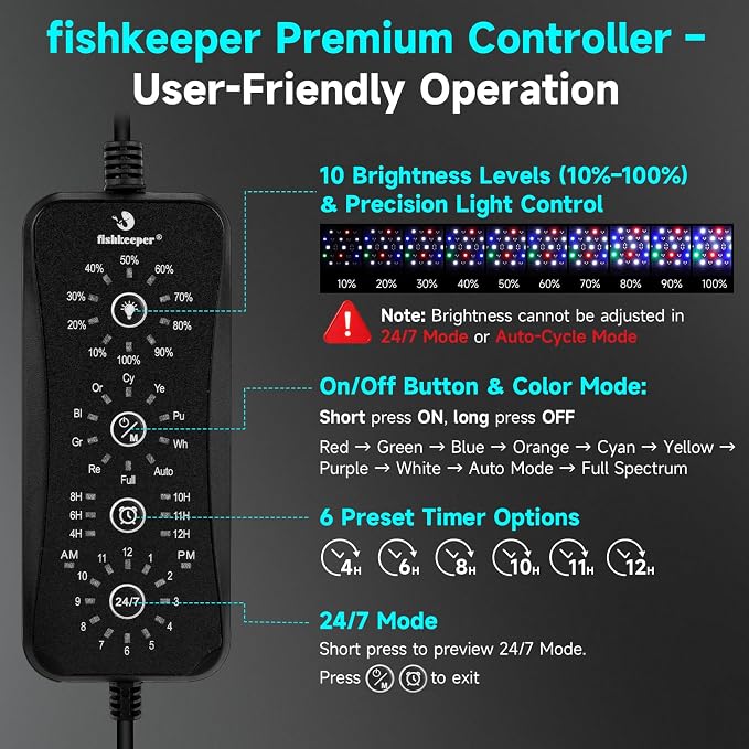 fishkeeper LED Aquarium Light, 24/7 Mode Fish Tank Light with One Touch | Full Spectrum Aquarium Light for Plant, IP68 Waterproof, Adjustable 10 Brightness 10 Colors 6 Timer, for 24-30 Inch Tank