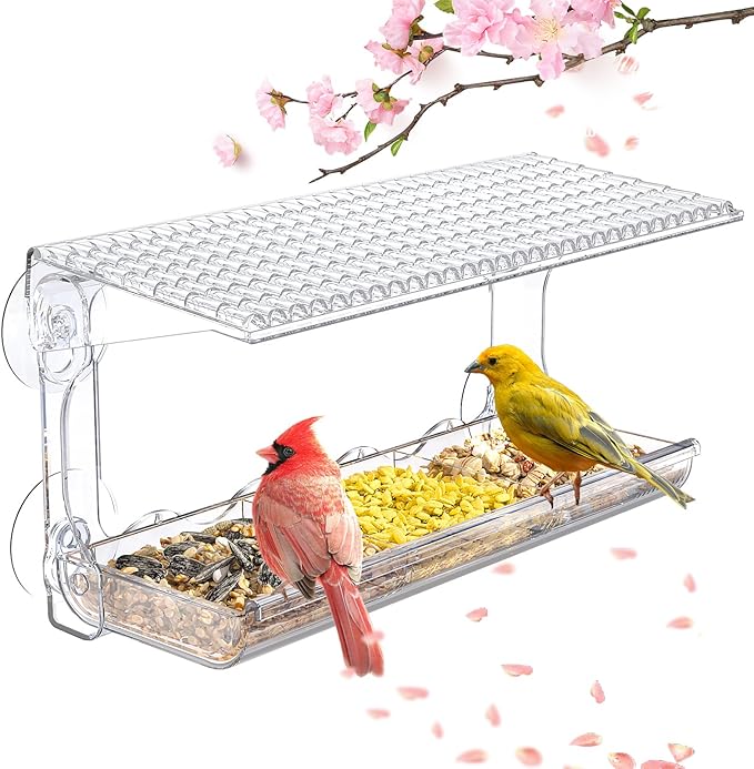 SUNALLY Window Bird Feeder for Outdoors, Clear Bird Feeders Window Mounted with Strong Suction Cups, Transparent Birds House Outside Wild Watching for Garden, Yard, Elderly Kids Viewing