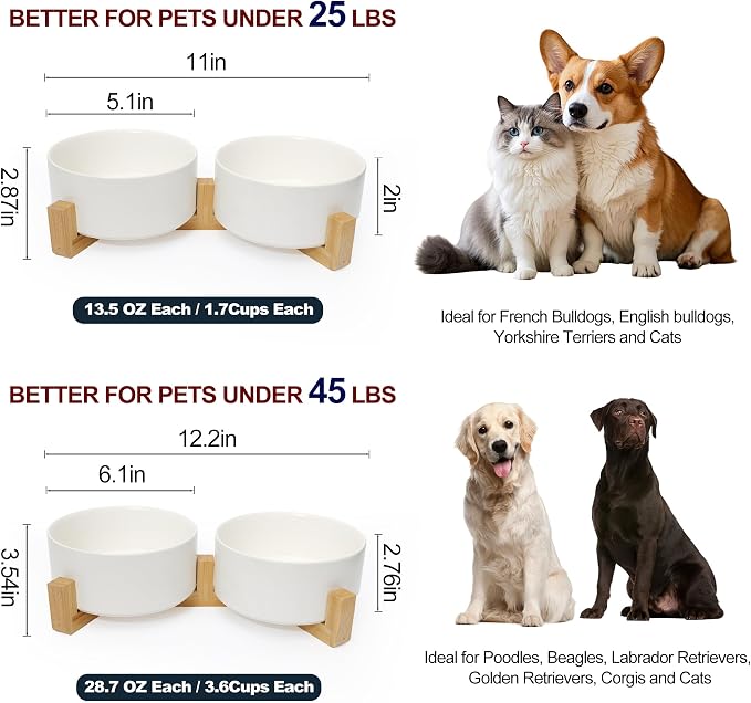 Dog Food Bowl, 13.5 oz Ceramic Modern Design, Dog Water and Food Bowl with Wood Stand, for Puppy & Cat, Non-Slip Feeding Station with Weighted Base, White