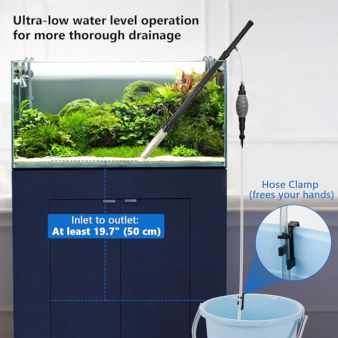 AQQA Gravel Vacuum for Aquarium Siphon - Adjustable Flow Fish Tank Cleaner with Handle, Manual Siphon Pump Water Changer Sand Rock Suction Cleaner, Upgraded Hard Hose with Threaded Connection (S)