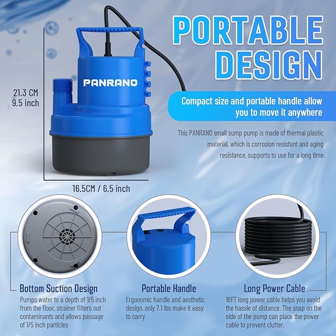 1/3 HP Submersible Water Pump 2000 GPH Portable Small Sump Pump For Pool Cover, Basements, Puddles, Gardens Ponds With 16.4 Ft Power Cord and Hose Adapters, Blue