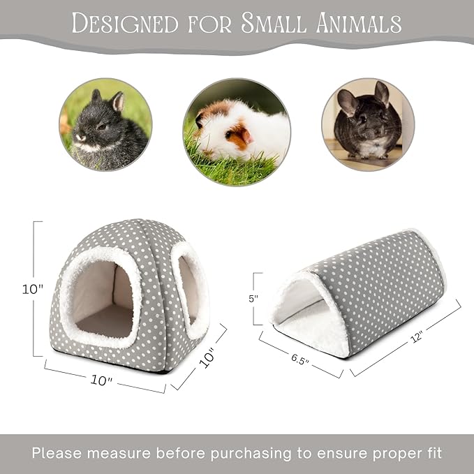 Guinea Pig Hideout and Play Tunnel Set, Washable Fleece Bed for Dwarf Rabbits, Bunnies, Chinchillas, Small Animal Toys - Grey Dot
