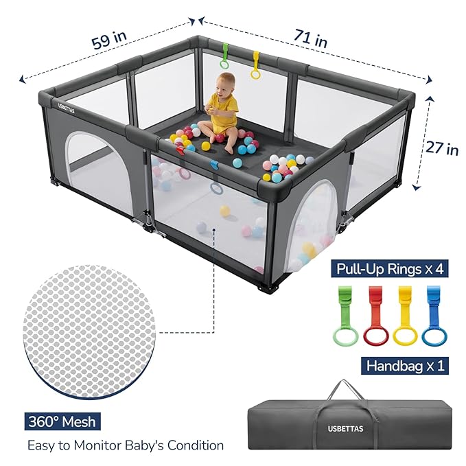 Foldable Baby Playpen, 1-Minute Setup, Lightweight Portable Playpen with Carry Bag, 59"x71" Indoor Outdoor Safty Play Yard for Babies & Toddlers, Dark Gray