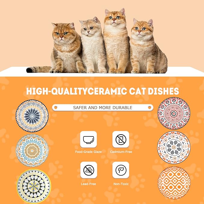 YEAHGO Cat Bowls Ceramic Cat Food Bowl for Indoor Cats and Kittens, 5.5" Anti Whisker Fatigue Cats Dishes, Shallow Wide Plates Cute Pet Feeding Bowls for Food and Water,6 Pack