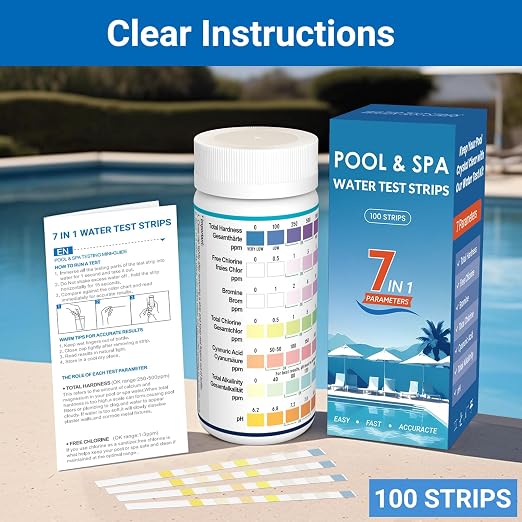 Upgraded 2026 7-in-1 Hot Tub & Spa Test Strips | Fast & Accurate Results in 15 Seconds | Pool Test Strips & Water Testing Kit for Cyanuric Acid, ph,Chlorine,Bromine,Total Alkalinity&Hardness |100ct