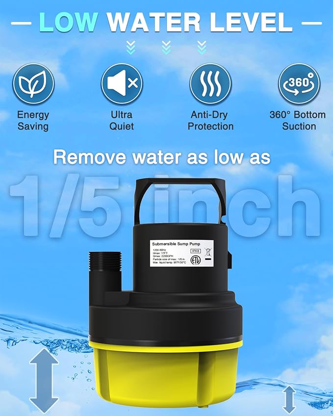 Submersible Sump Pump, 1HP 3200GPH Portable Water Pump Clean Dirty Water, Utility Pump with 25 FT Cord for Swimming Pool, Boats, Garden, Basement, Flood, Ponds