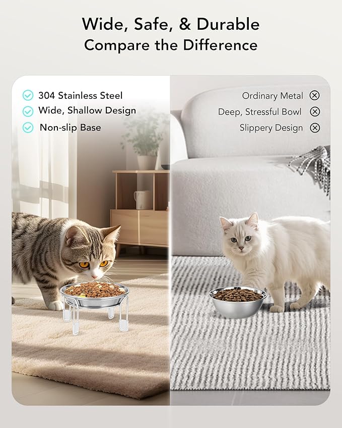 Elevated cat Bowl, 6.3" Wide Raised Stainless Steel Cat Food and Water Dishes, Small Dog Bowl, Whisker Friendly, Anti-Vomiting, Neck Stress-Free, Non-Slip Stainless Steel Stand with 4 Legs- 4Pack