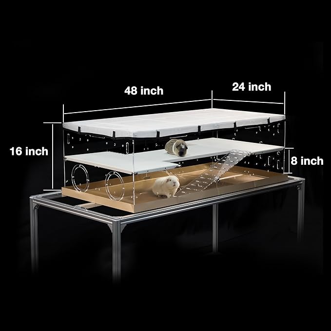 GuineaLoft™ Model-A3Loft Two-Level Acrylic Guinea Pig Cage w/ 2nd Floor Loft, Ramps, Beams & Gauze Lid, Large 4ft(L) x 2ft(W) x 1.3ft(H) Expandable C&C Cage, Works Also for Bunnies, Quails, Hedgehogs