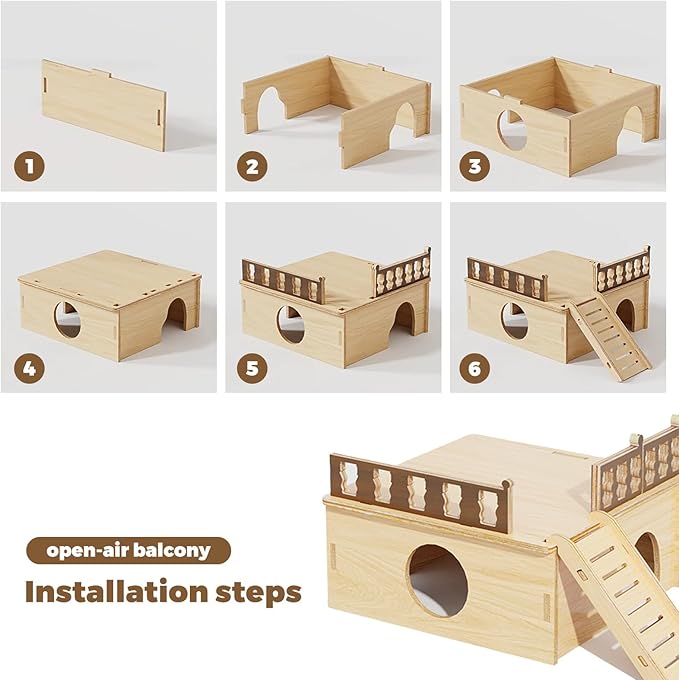 Wooden Hamster Platform and Dwarf Hamster House,Cute Syrian Hamster Tiny House Hideout,Large Balcony Lookout Holes,for Dwarf Gerbils and Mouse Mice Rat Other Small Animals(A)