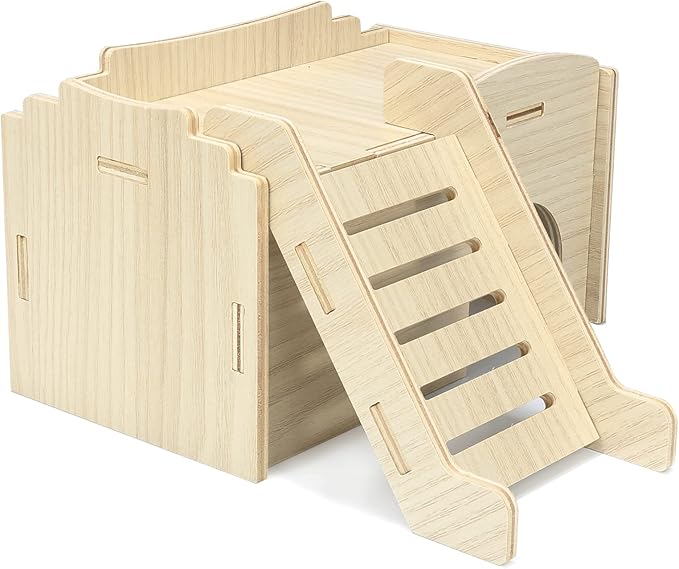 Syrian Hamster Hide with Wooden House, Climbing Ladder and Window, Detachable Hut Play/Chew/Hide