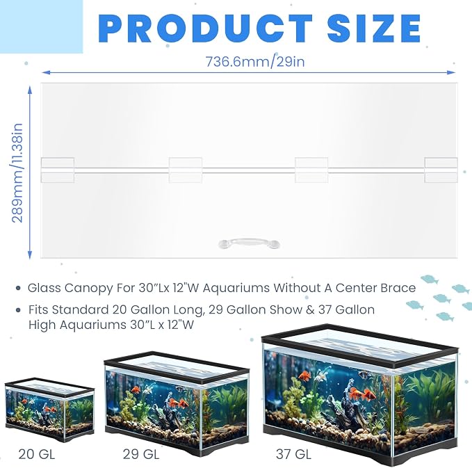 Sieral Aquarium Lids Polycarbonate Canopy with LED Light 29 x 11.38 x 0.12 inch for 20/29/37 Gallon Without Center Brace Aquariums Cover Fish Tank Lid with a Hook Knife, Clear